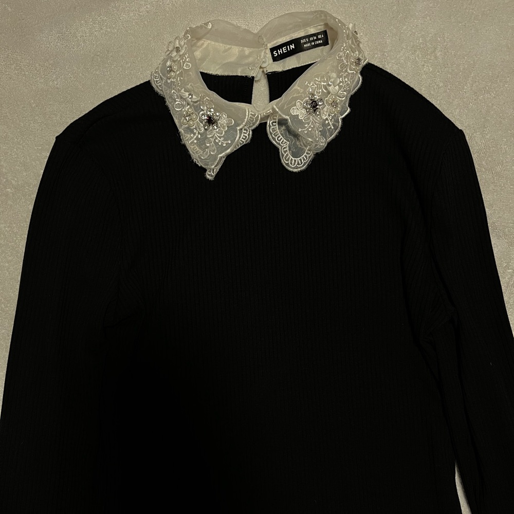 Wednesday Adams style top with pearls, rhinestone and lace collar.